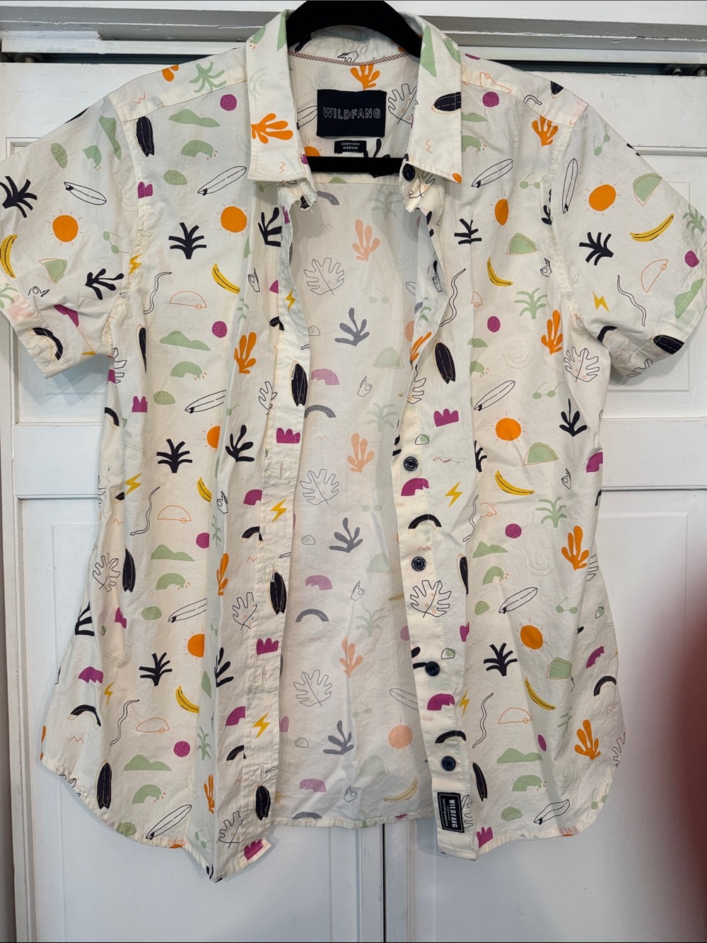 Wildfang White Short-Sleeve Button-Up with Multicolor Abstract Print